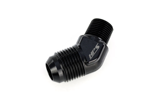 HPS Performance 45 Degree AN Flare -6 to 1/8" NPT Adapter, Aluminum, Black