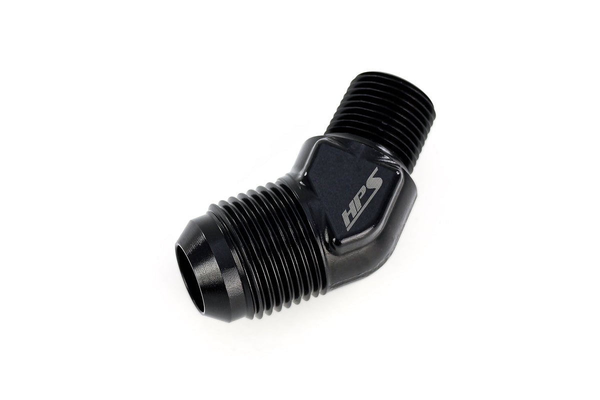 HPS Performance 45 Degree AN Flare -8 to 3/8" NPT Adapter, Aluminum, Black