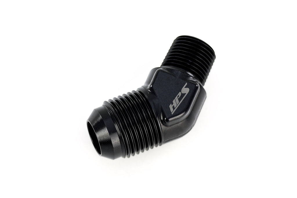 HPS Performance 45 Degree -6 AN Flare to 3/8" NPT Adapter, Aluminum, Black