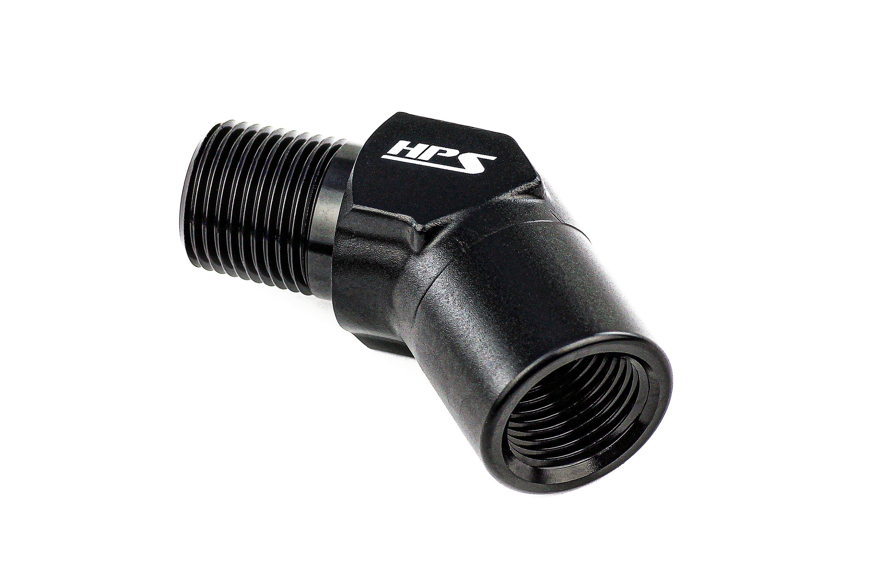 HPS Performance 45 Degree 1/8'' NPT Male To Female Adapter, Aluminum, Black