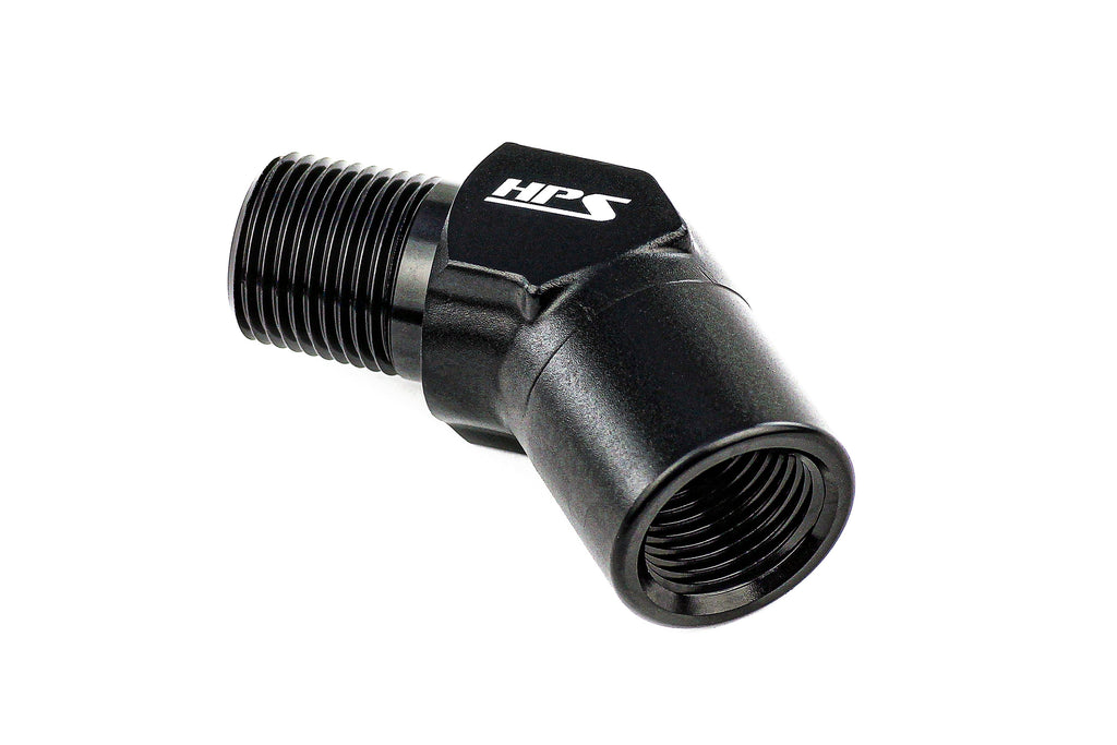 HPS Performance 45 Degree 3/8'' NPT Male To Female Adapter, Aluminum, Black
