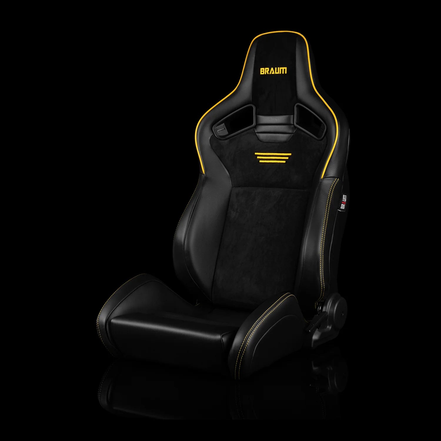 Braum Racing ELITE V2 Series Sport Reclinable Seats PAIR - Black Leatherette / Black Suede / Yellow Piping