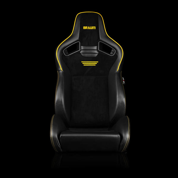 Braum Racing ELITE V2 Series Sport Reclinable Seats PAIR - Black Leatherette / Black Suede / Yellow Piping