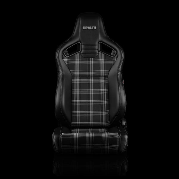 Braum Racing ELITE V2 Series Sport Reclinable Seats PAIR - Black Leatherette / Grey Plaid / Low Bolster Version