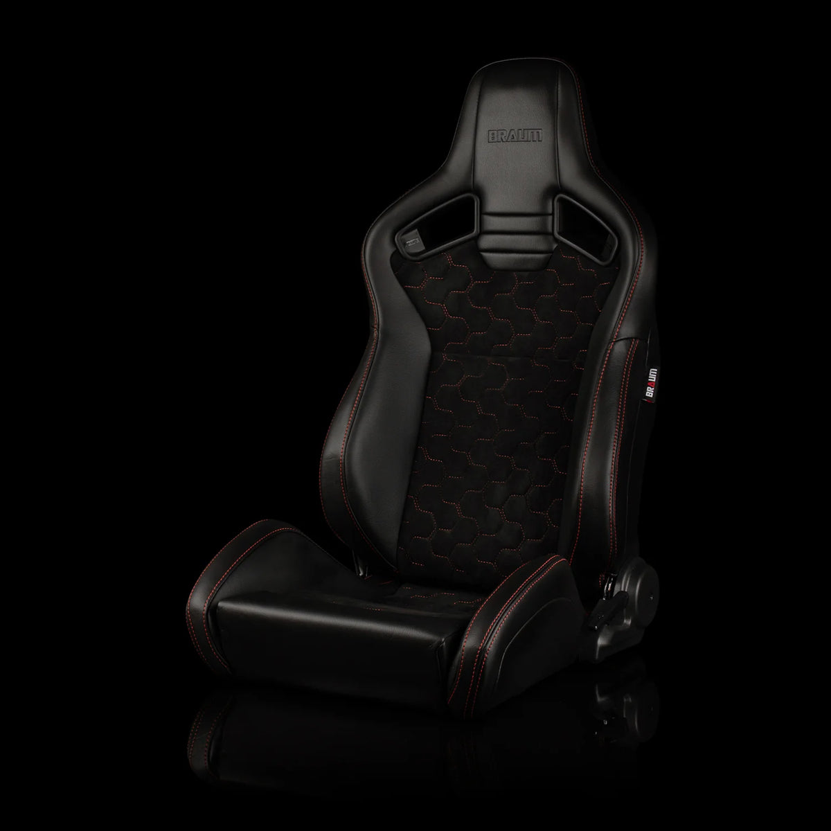 Braum Racing ELITE V2 Series Sport Reclinable Seats PAIR - Black Leatherette / Honeycomb Suede / Red Stitching
