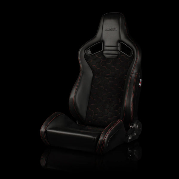 Braum Racing ELITE V2 Series Sport Reclinable Seats PAIR - Black Leatherette / Honeycomb Suede / Red Stitching