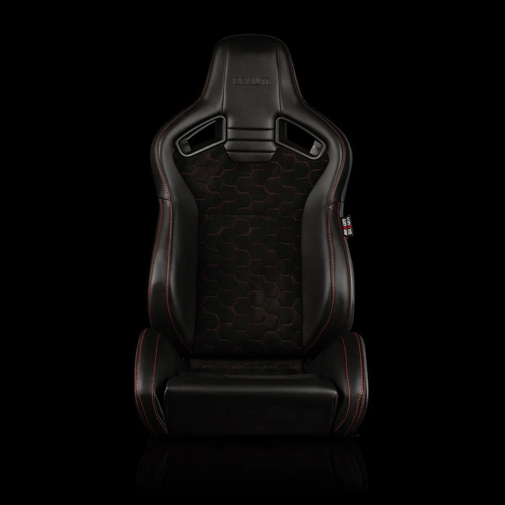 Braum Racing ELITE V2 Series Sport Reclinable Seats PAIR - Black Leatherette / Honeycomb Suede / Red Stitching