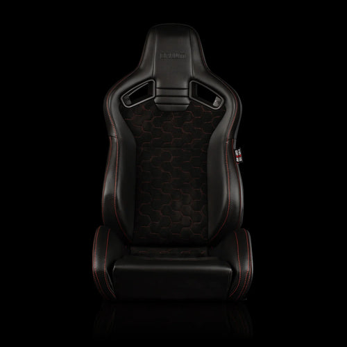 Braum Racing ELITE V2 Series Sport Reclinable Seats PAIR - Black Leatherette / Honeycomb Suede / Red Stitching