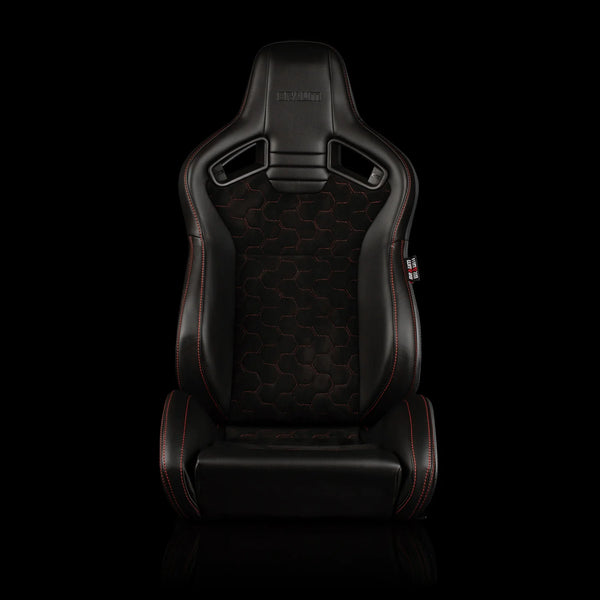 Braum Racing ELITE V2 Series Sport Reclinable Seats PAIR - Black Leatherette / Honeycomb Suede / Red Stitching
