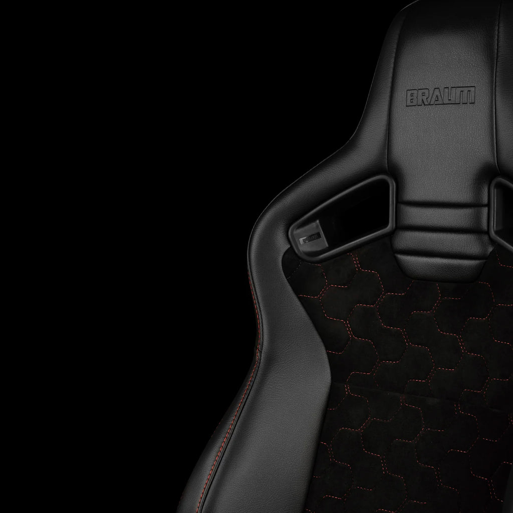 Braum Racing ELITE V2 Series Sport Reclinable Seats PAIR - Black Leatherette / Honeycomb Suede / Red Stitching