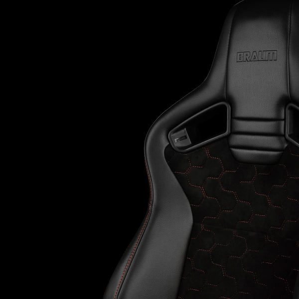 Braum Racing ELITE V2 Series Sport Reclinable Seats PAIR - Black Leatherette / Honeycomb Suede / Red Stitching