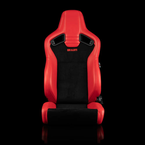 Braum Racing ELITE V2 Series Sport Reclinable Seats PAIR - Red Leatherette / Black Suede / Low Bolster Version