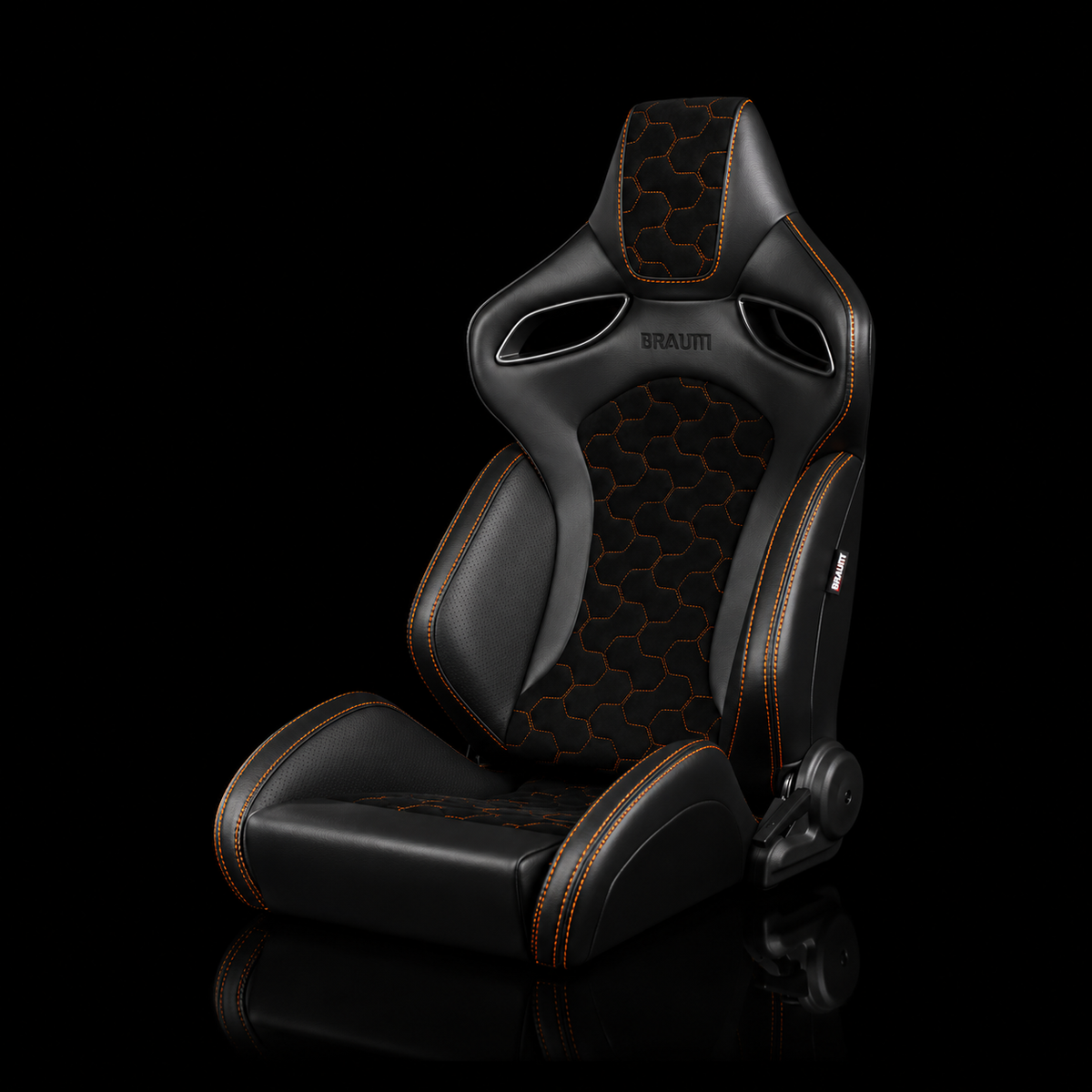 Braum ORUE-S black honeycomb Alcantara seats with orange stitching