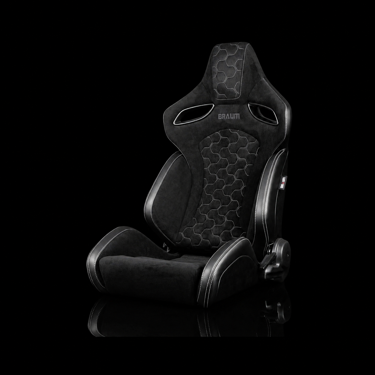 Braum ORUE-S black honeycomb Alcantara seats with white stitching