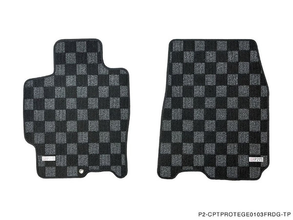 Phase 2 Motortrend (P2M) Front & Rear Checkered Race Carpet Floor Mats - Mazda Protege BJ (2001-2003)
