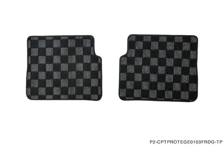 Phase 2 Motortrend (P2M) Front & Rear Checkered Race Carpet Floor Mats - Mazda Protege BJ (2001-2003)