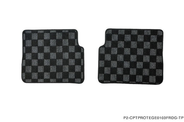 Phase 2 Motortrend (P2M) Front & Rear Checkered Race Carpet Floor Mats - Mazda Protege BJ (2001-2003)