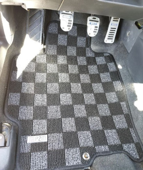 Phase 2 Motortrend (P2M) Front & Rear Checkered Race Carpet Floor Mats - Mazda Protege BJ (2001-2003)