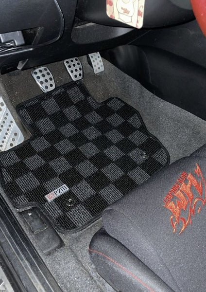 Phase 2 Motortrend (P2M) Front & Rear Checkered Race Carpet Floor Mats - Mazda 3 BL (2010-2013)