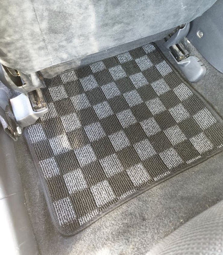 Phase 2 Motortrend (P2M) Front & Rear Checkered Race Carpet Floor Mats - Mazda Protege BJ (2001-2003)