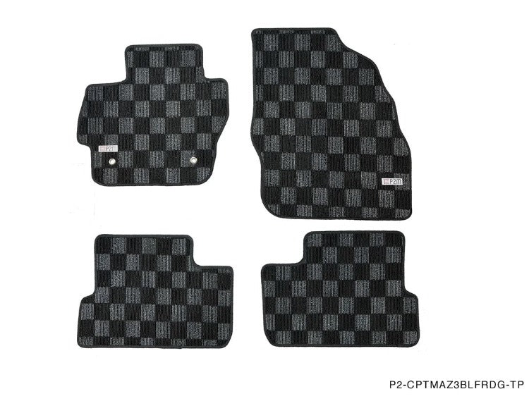 Phase 2 Motortrend (P2M) Front & Rear Checkered Race Carpet Floor Mats - Mazda 3 BL (2010-2013)