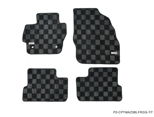 Phase 2 Motortrend (P2M) Front & Rear Checkered Race Carpet Floor Mats - Mazda 3 BL (2010-2013)