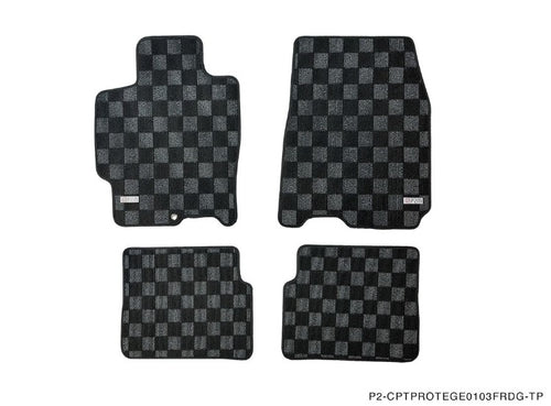 Phase 2 Motortrend (P2M) Front & Rear Checkered Race Carpet Floor Mats - Mazda Protege BJ (2001-2003)