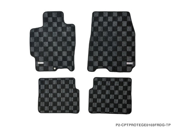 Phase 2 Motortrend (P2M) Front & Rear Checkered Race Carpet Floor Mats - Mazda Protege BJ (2001-2003)