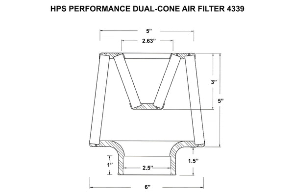 HPS Performance 2.5" Open Top Dual Cone Air Filter, 6.5" Length, HPS-4339