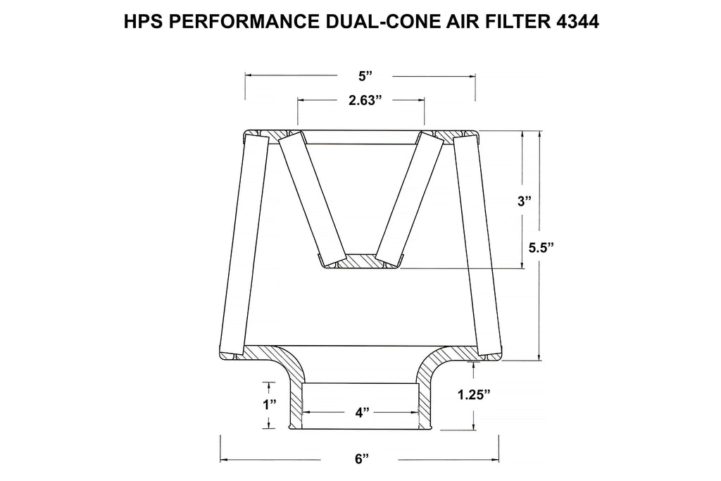 HPS Performance 4" Open Top Dual Cone Air Filter, 6.75" Length, HPS-4344