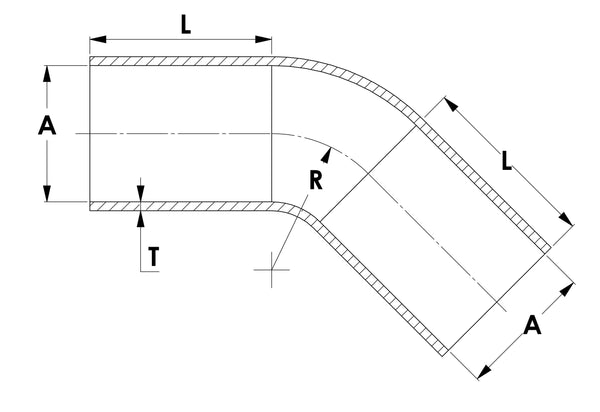 HPS 5/8" ID, 10" Leg, Silicone 45 Degree Elbow Coupler Hose, High Temp 4-ply Reinforced, Black (16mm ID)