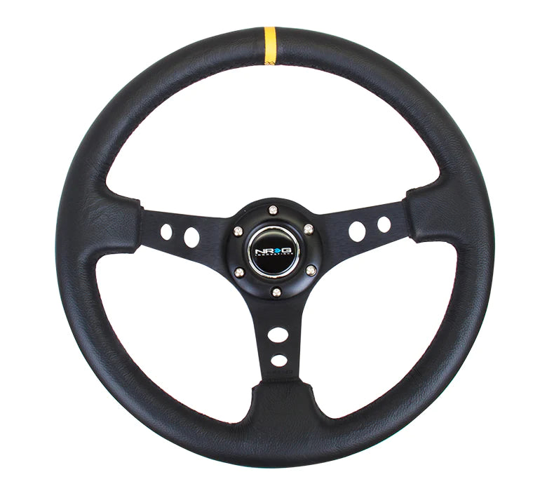 NRG Innovations 350mm 3" Deep Dish w/ Holes - Black Leather - Yellow Center Mark