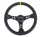 NRG Innovations 350mm 3" Deep Dish w/ Holes - Black Leather - Yellow Center Mark