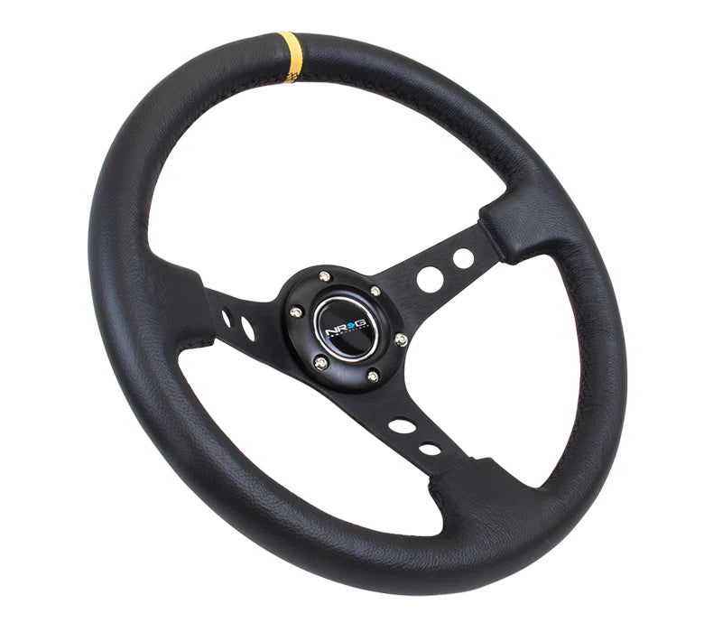 NRG Innovations 350mm 3" Deep Dish w/ Holes - Black Leather - Yellow Center Mark