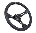 NRG Innovations 350mm 3" Deep Dish w/ Holes - Black Leather - Yellow Center Mark