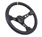NRG Innovations 350mm 3" Deep Dish w/ Holes - Black Leather - Yellow Center Mark