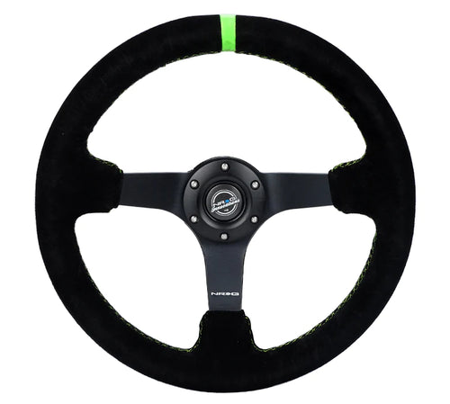 NRG INNOVATIONS 350MM DEEP DISH STEERING WHEEL SUEDE SOLID SPOKE - BLACK - GREEN MARK