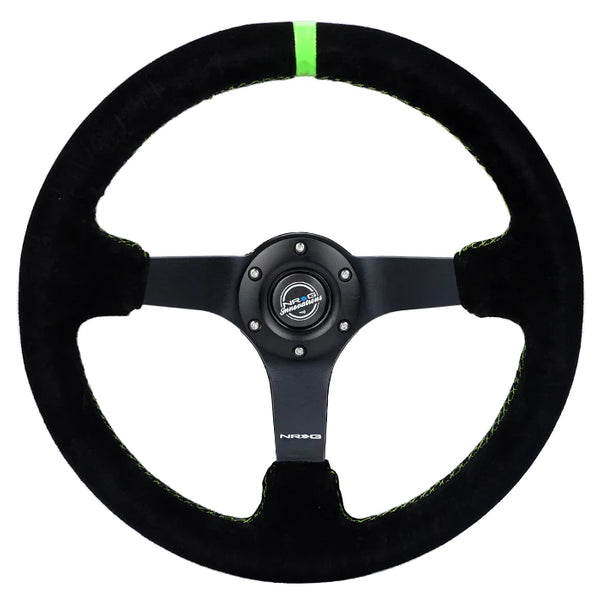 NRG INNOVATIONS 350MM DEEP DISH STEERING WHEEL SUEDE SOLID SPOKE - BLACK - GREEN MARK