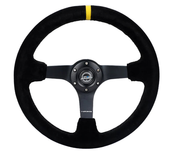 NRG INNOVATIONS 350MM DEEP DISH STEERING WHEEL SUEDE SOLID SPOKE - BLACK - YELLOW MARK
