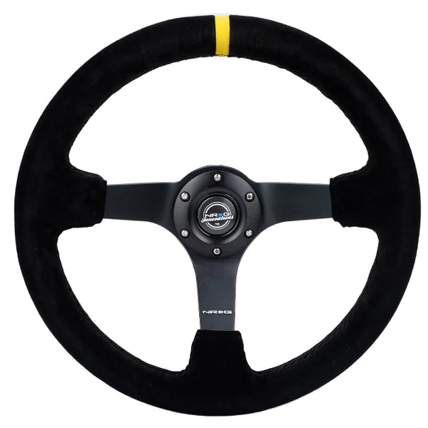 NRG INNOVATIONS 350MM DEEP DISH STEERING WHEEL SUEDE SOLID SPOKE - BLACK - YELLOW MARK