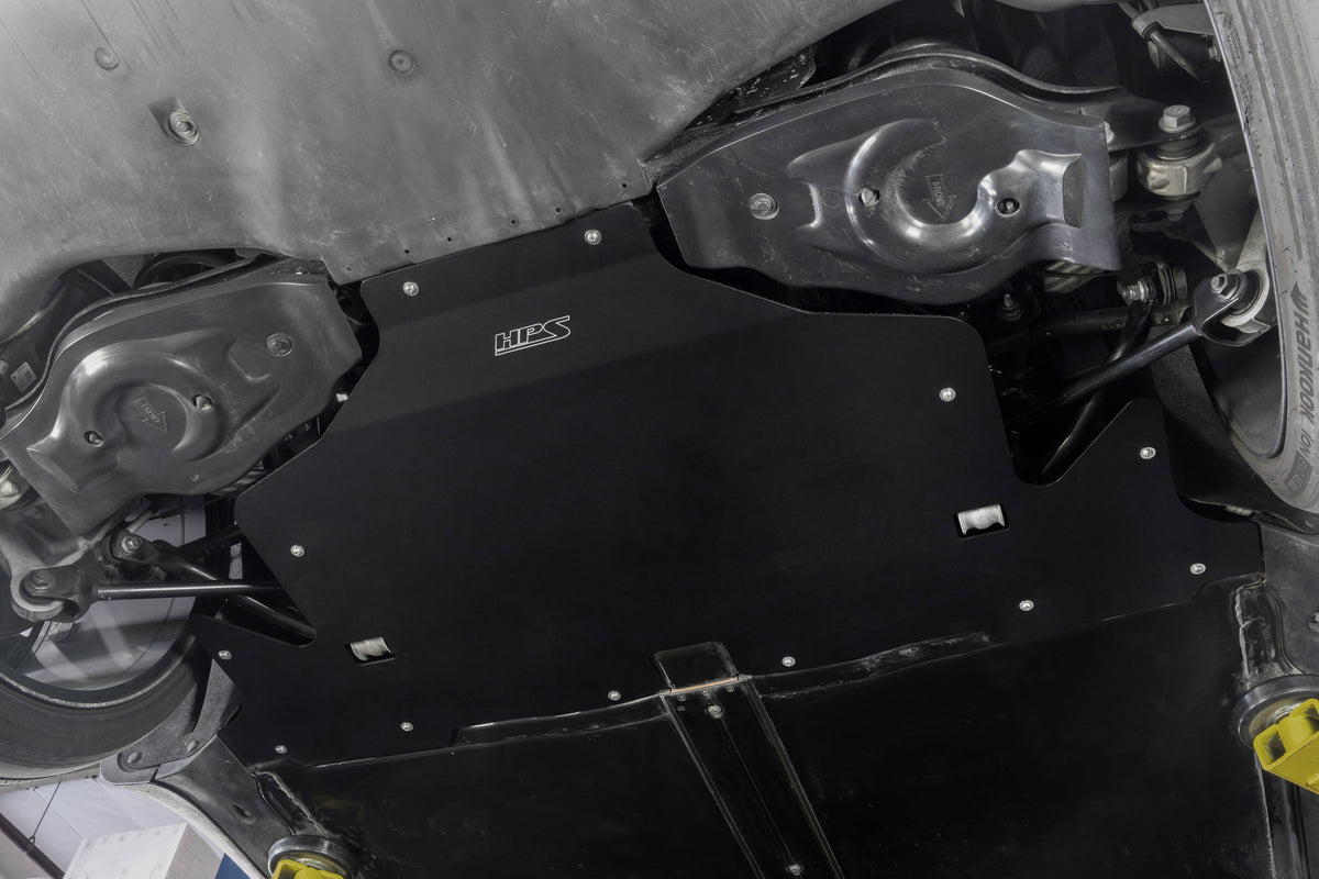 HPS Performance Black Aluminum Rear Skid Plate Undertray Protection Shield - Tesla Model 3 / Tesla Model Y - (2017-2023 / 2020-2023)