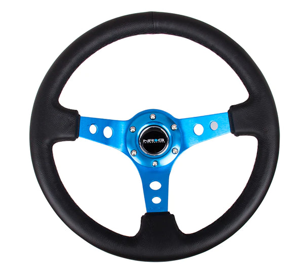 NRG Innovations 350mm 3" Deep Dish w/ Holes - Black Leather - Blue Spokes