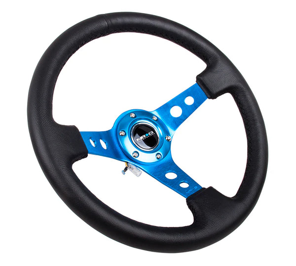 NRG Innovations 350mm 3" Deep Dish w/ Holes - Black Leather - Blue Spokes