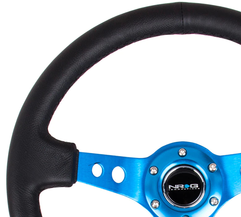 NRG Innovations 350mm 3" Deep Dish w/ Holes - Black Leather - Blue Spokes