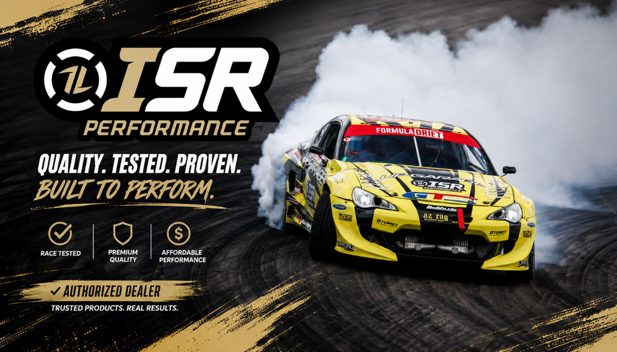 ISR Performance race car drifting on track with black and gold branding