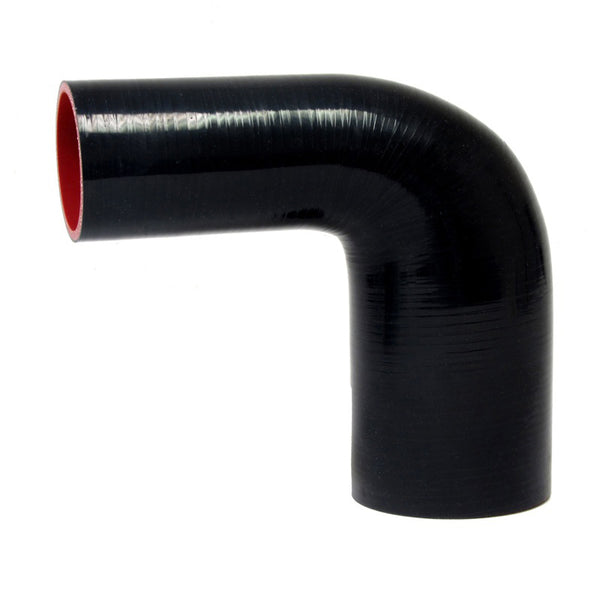 HPS 2.25 inch - 2.5 inch ID High Temp 4-ply Reinforced Silicone 90 Degree Elbow Reducer Hose Black 57mm - 63mm ID