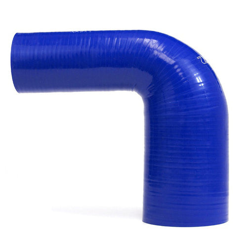 HPS 2.25 inch - 2.5 inch ID High Temp 4-ply Reinforced Silicone 90 Degree Elbow Reducer Hose Blue 57mm - 63mm ID