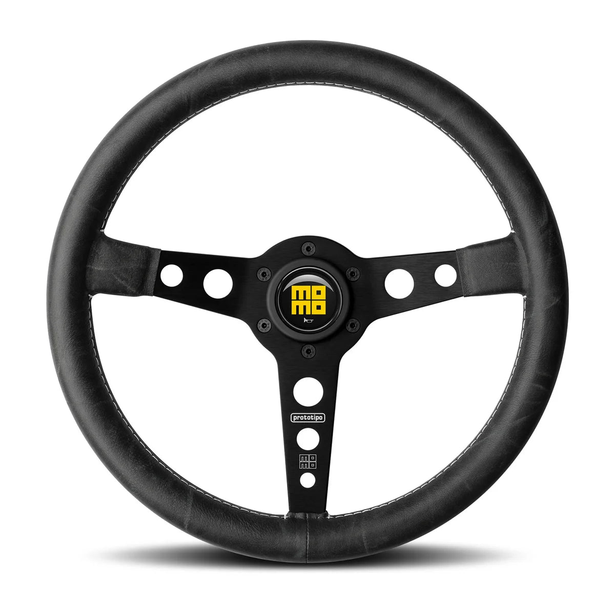 MOMO Prototipo Heritage 350mm Steering Wheel - Black Distressed Leather, Black Anodized Spokes
