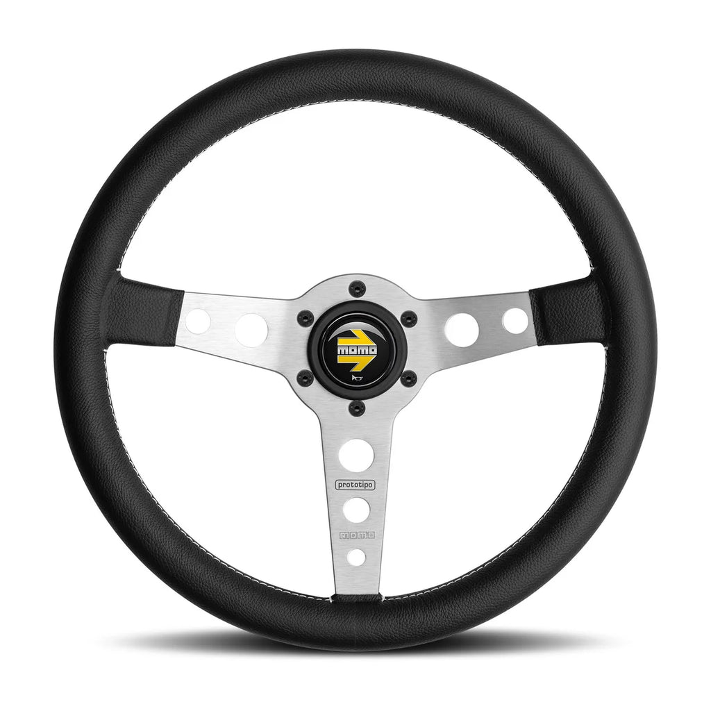MOMO Prototipo 350mm Steering Wheel - Black Leather, Aluminum Spokes
