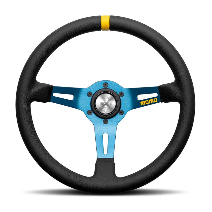 MOMO MOD. 08 330 Steering Wheel - Black Leather, Blue Anodized Spokes